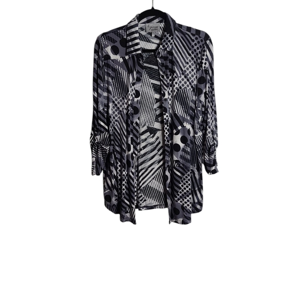 LYNN RITCHIE SILVER Black & White Abstract Patterned Blouse Button Up Size Small - Picture 1 of 13